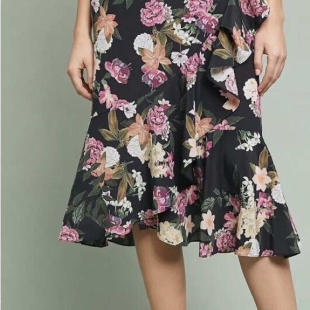 Floral Silk Black Midi Skirt